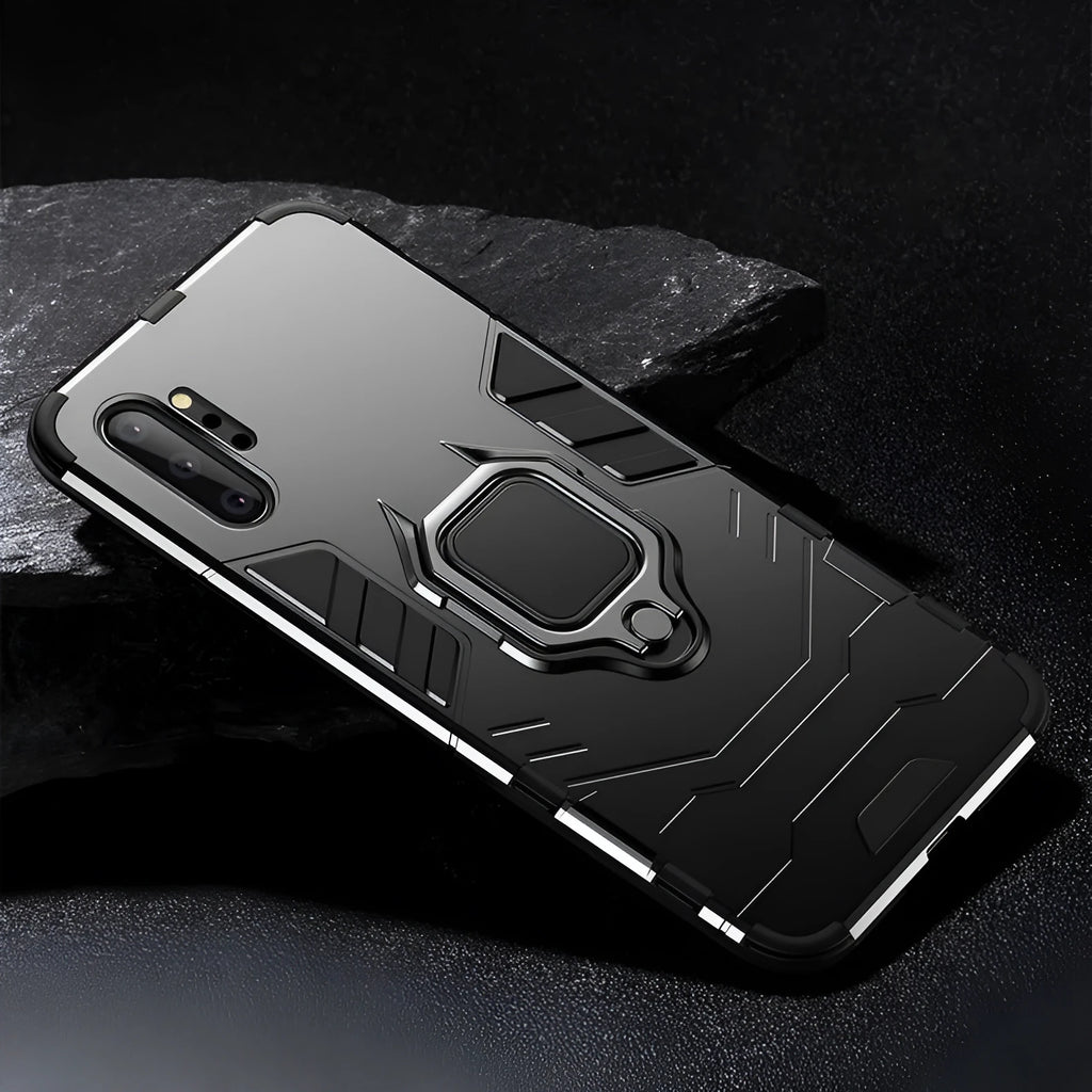 Black magnetic Samsung Galaxy phone case showing metal backplate integrated into PC construction.