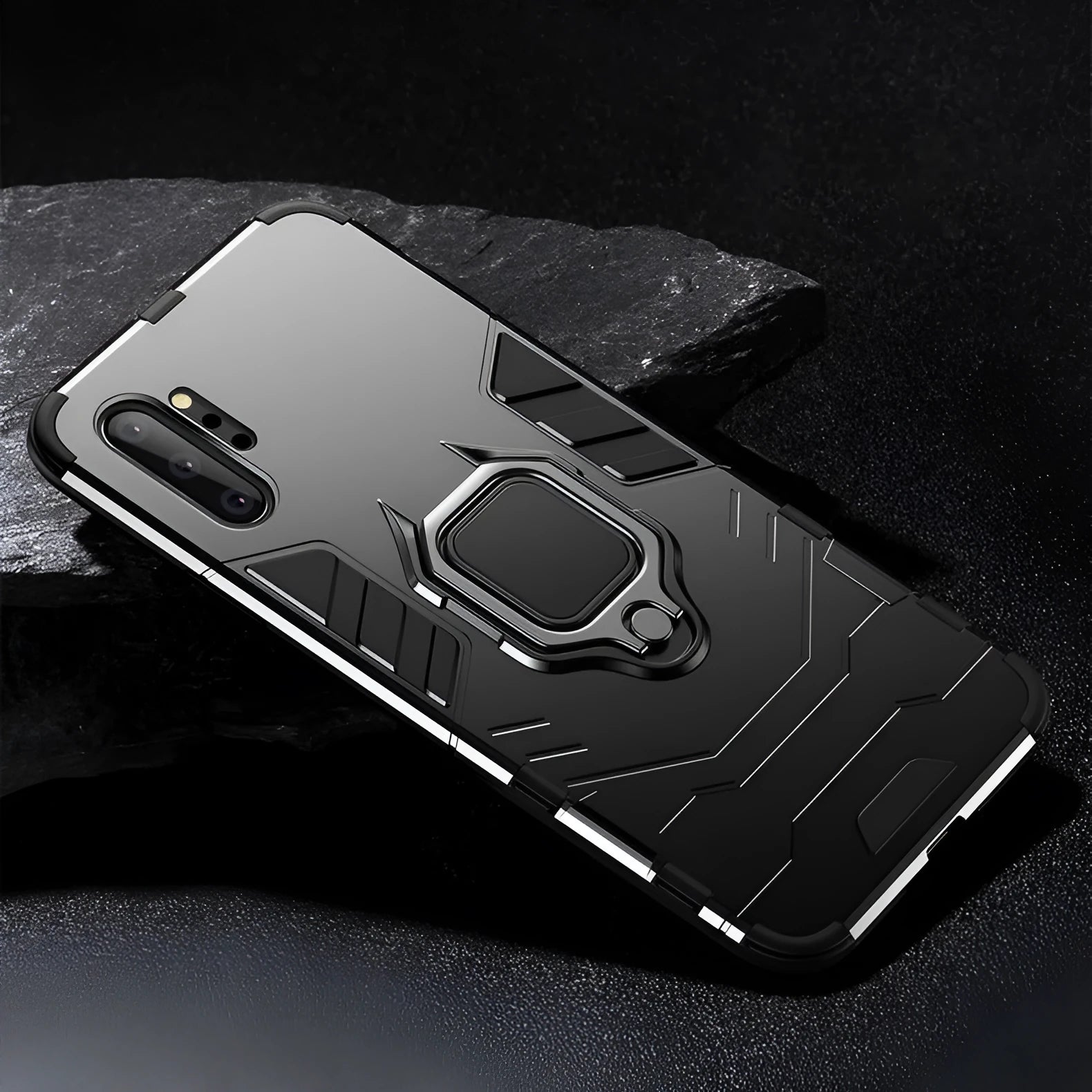 Black magnetic Samsung Galaxy phone case showing metal backplate integrated into PC construction.