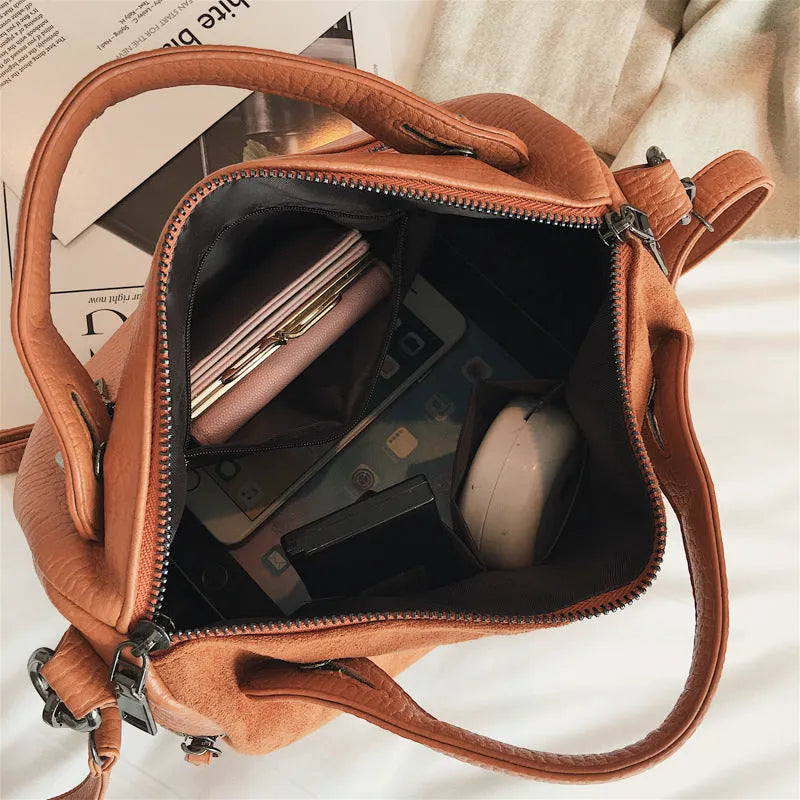 Soft PU leather women's tote shoulder bag in grey with a metal zip.