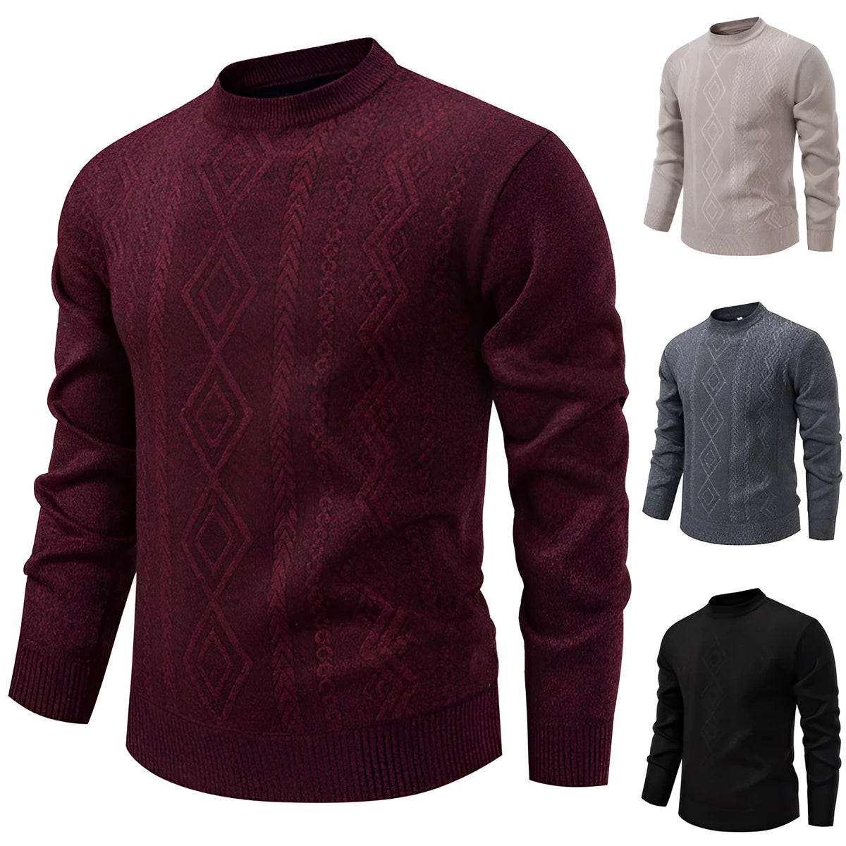 Men's loose knitted sweater in blue grey, round neck, long sleeve, ribbed hem, thickened polyester blend.