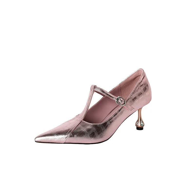 Women's gun colour genuine leather Mary Jane high heels with chunky heel and pointed toe