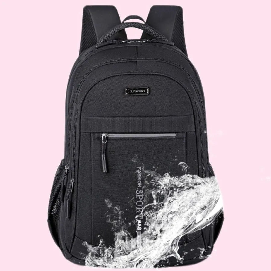Blue business travel backpack with airpillow straps and sewing line detail on Oxford cloth.