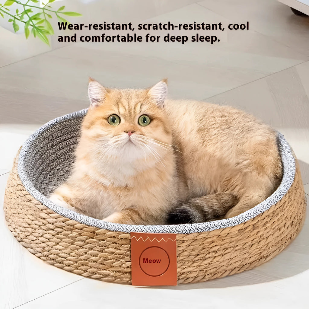 Natural woven rattan cat nest bed in four sizes: S, M, L, and XL.