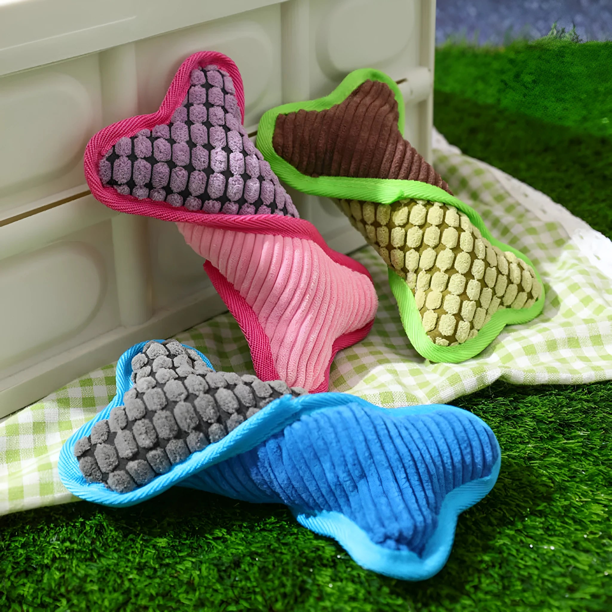 Blue teddy dog chew toy with sound bone, showing soft corn fleece lining and bite-resistant fabric.