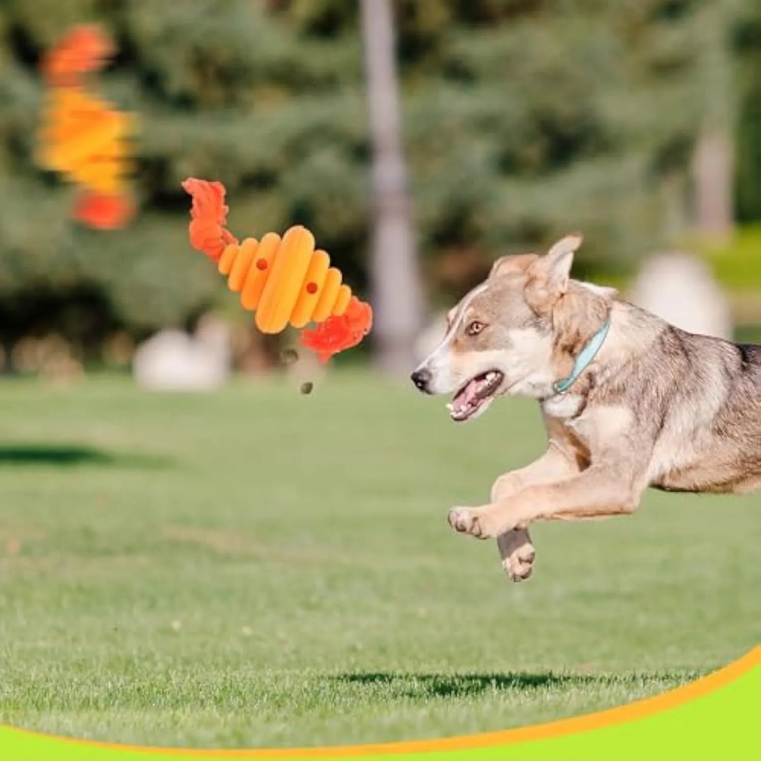 Green rope and ball dog toy with treat dispensing hole for large breeds