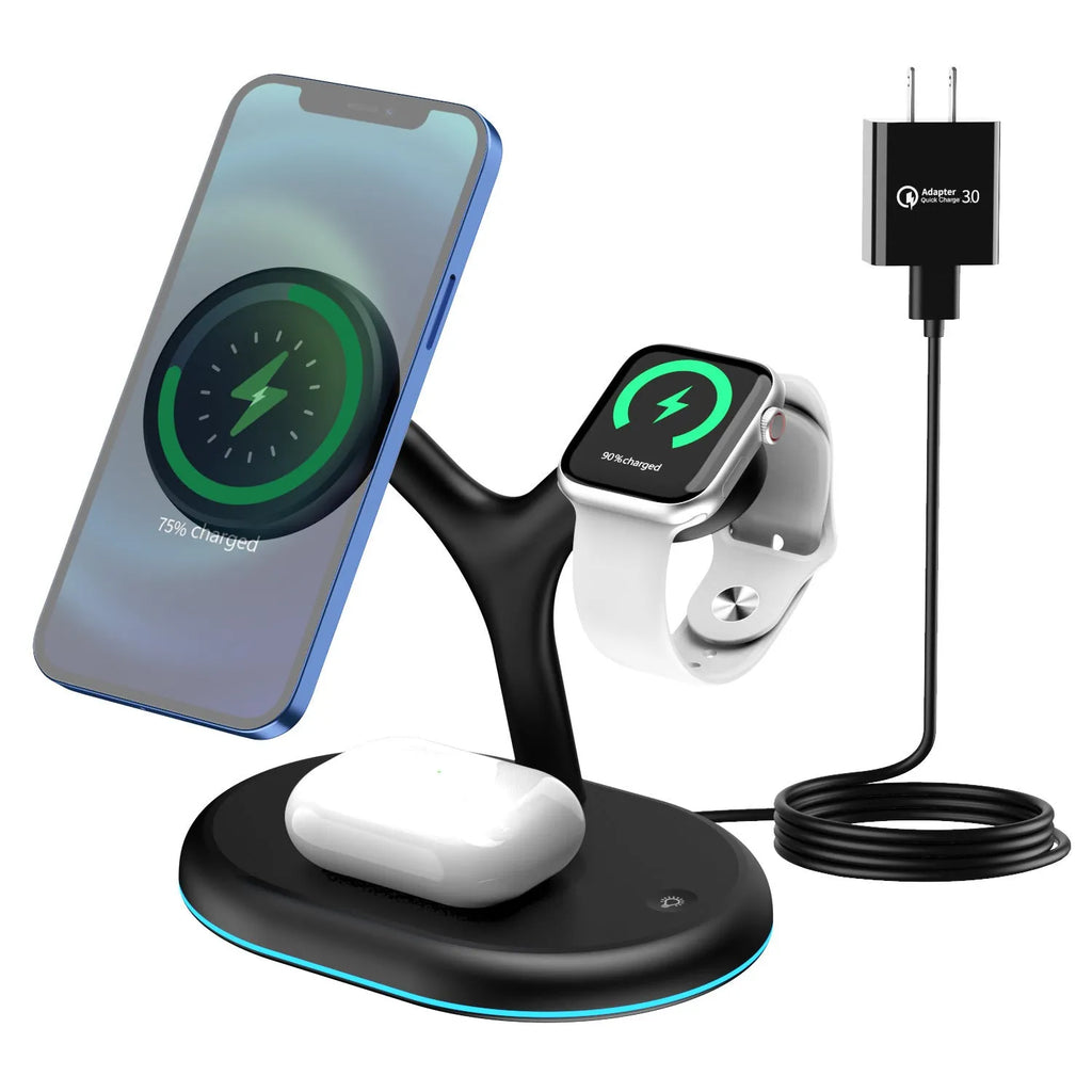 Black three-in-one magnetic wireless charger for Apple Watch, iPhone and AirPods on a desk