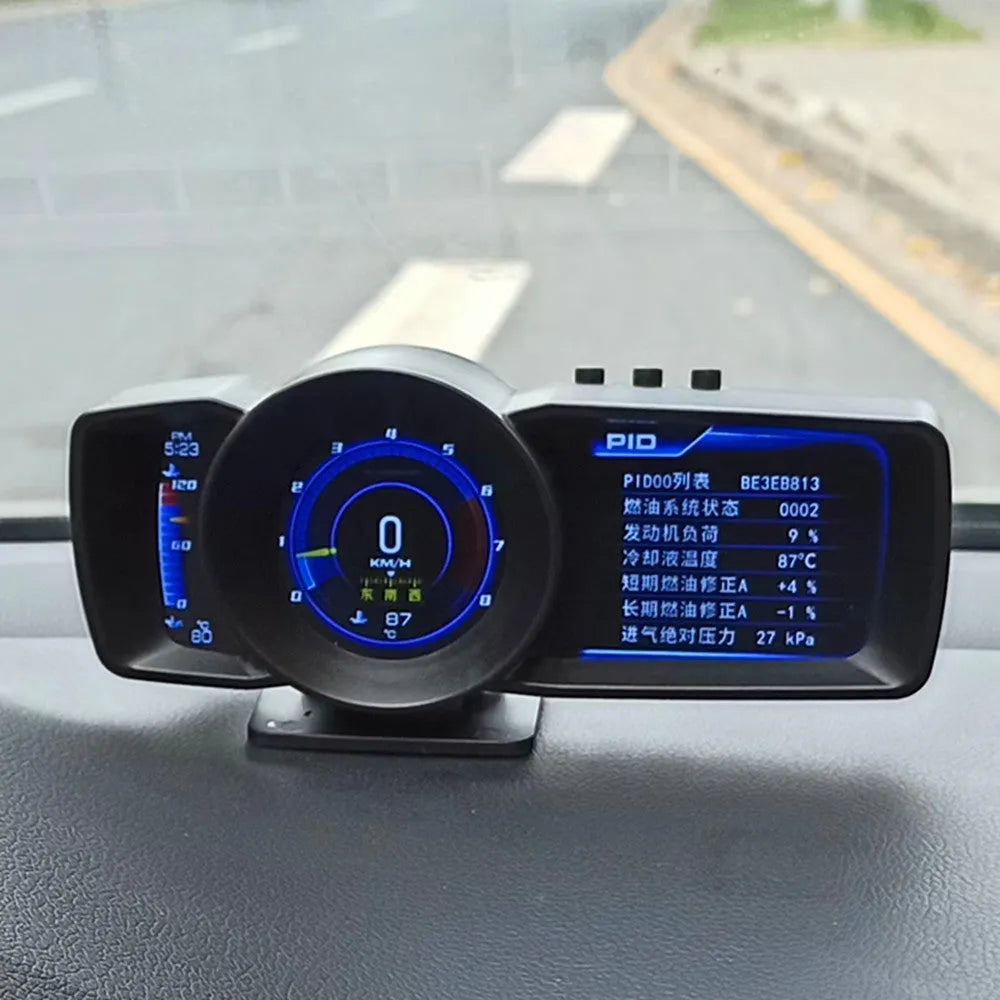 A600 OBDII vehicle diagnostic monitor with colour screen, cable, and installation tools including wrench and crowbar