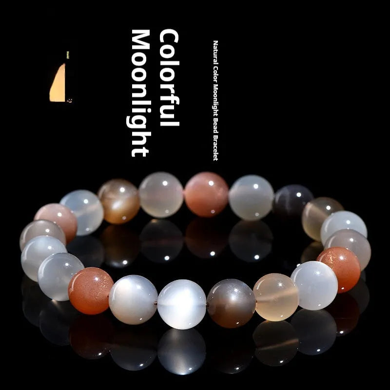 Natural colourful moonlight moonstone bracelet with 8mm beads on a white background.