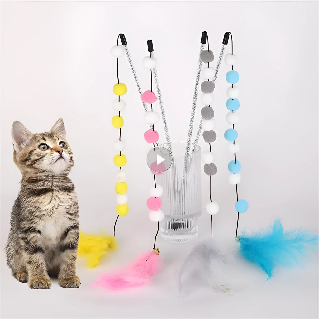 31cm long cat teaser rod with colourful pompons and feather toys for interactive play