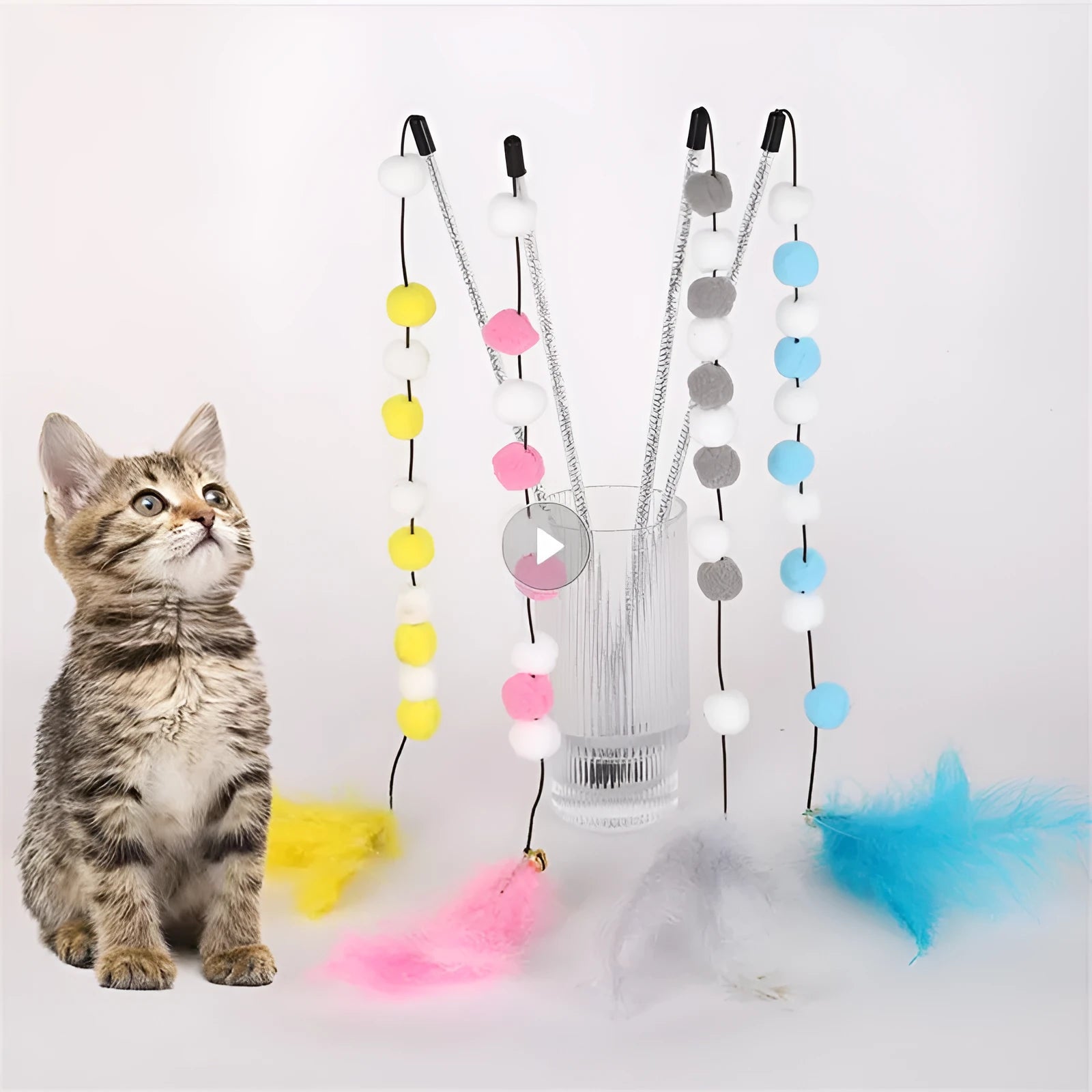 31cm long cat teaser rod with colourful pompons and feather toys for interactive play