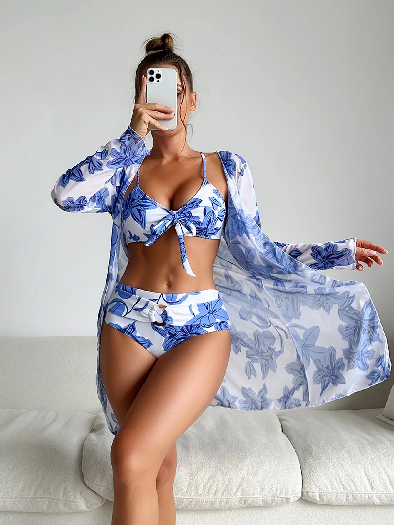 Three-piece printed polyester women's bikini swimsuit set in pattern 2, tight fit, high elasticity, sizes S to XL