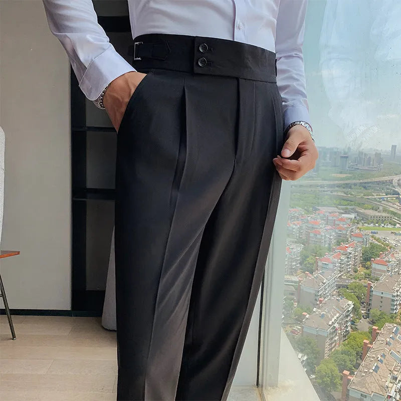 Men's straight leg polyester trousers in solid colours showing front and side views