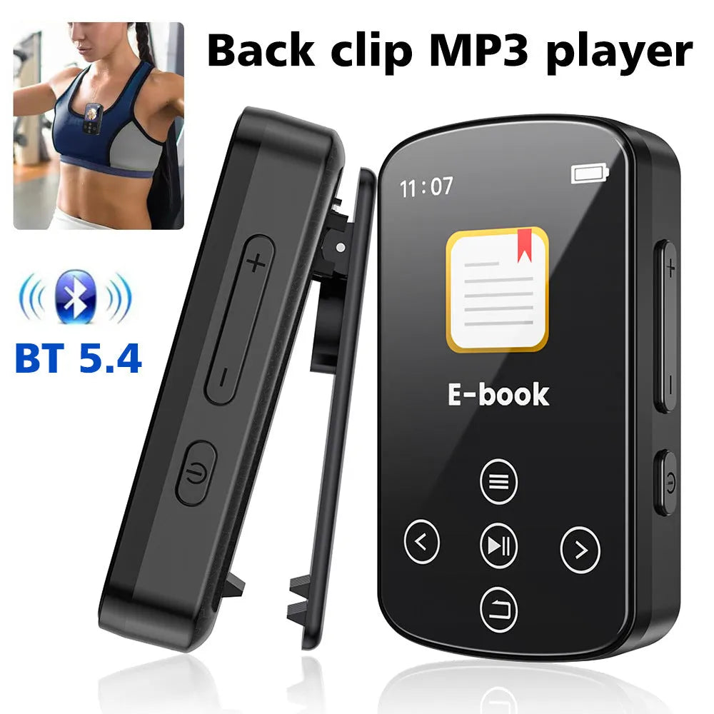 Black Bluetooth music player with 1.5-inch touch screen and buttons, 60x35x18mm