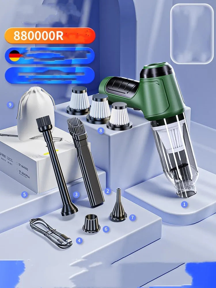 Handheld cordless car vacuum cleaner with nozzle and high-power 120W motor for vehicle interiors.