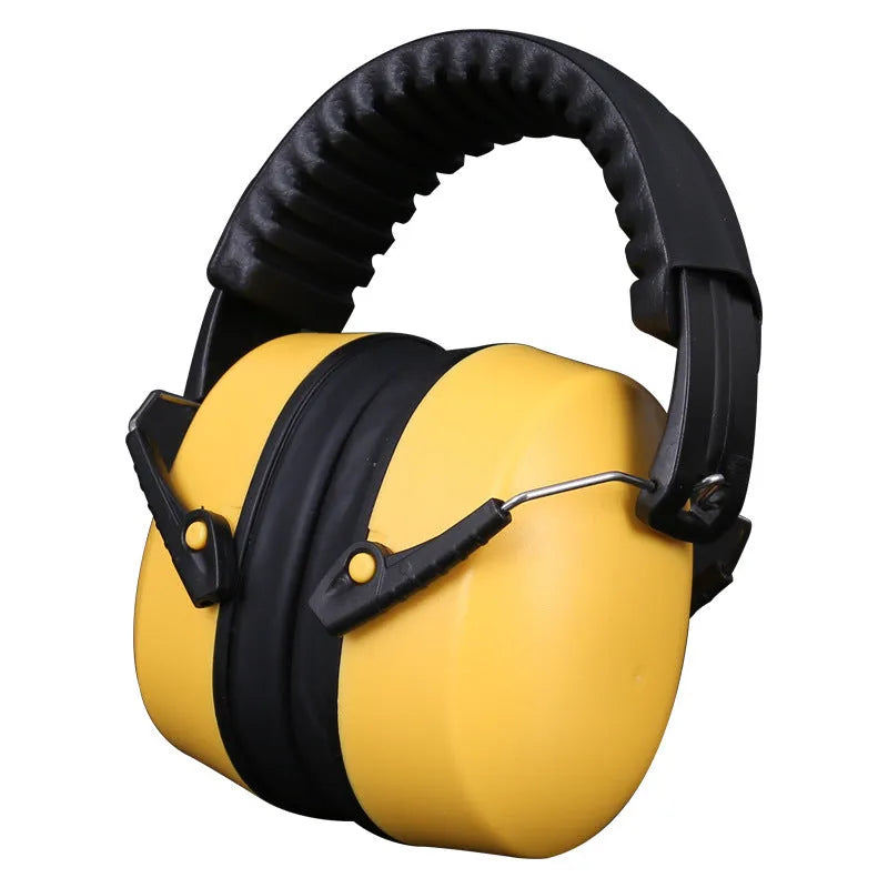 Orange adjustable headband earmuffs with breathable fabric ear cushions for noise reduction.