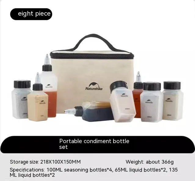 Naturehike six clear plastic portable seasoning bottles with black lids, modern simple design.