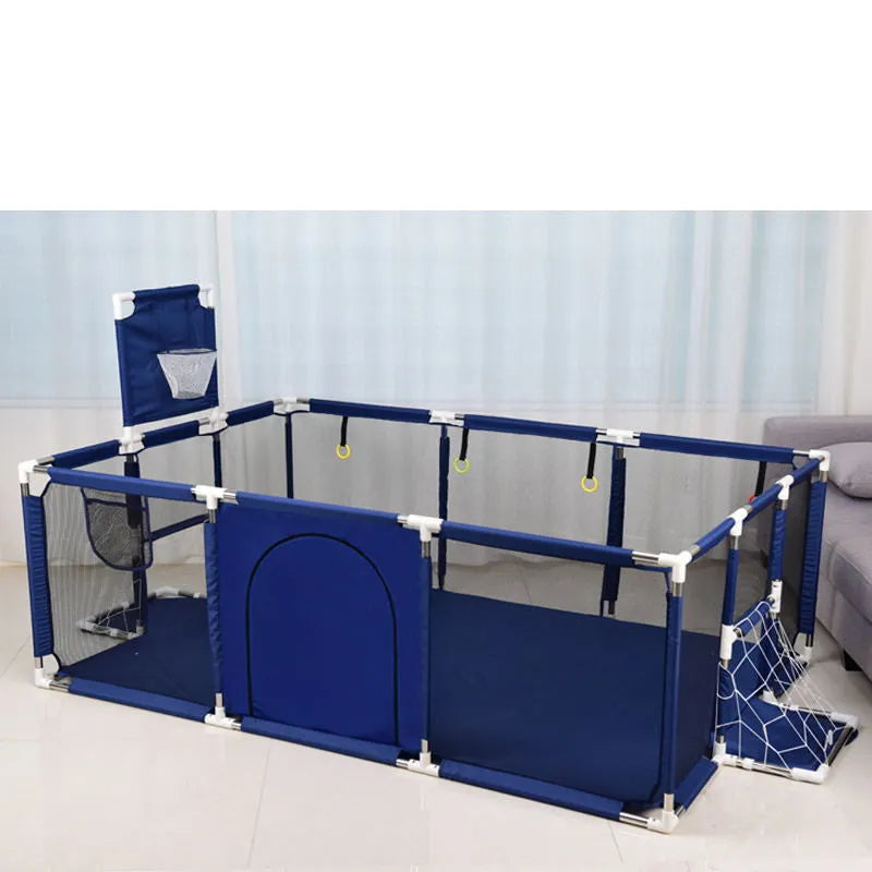 Large blue children's playpen tent with Oxford cloth walls and stainless steel frame in a nursery.