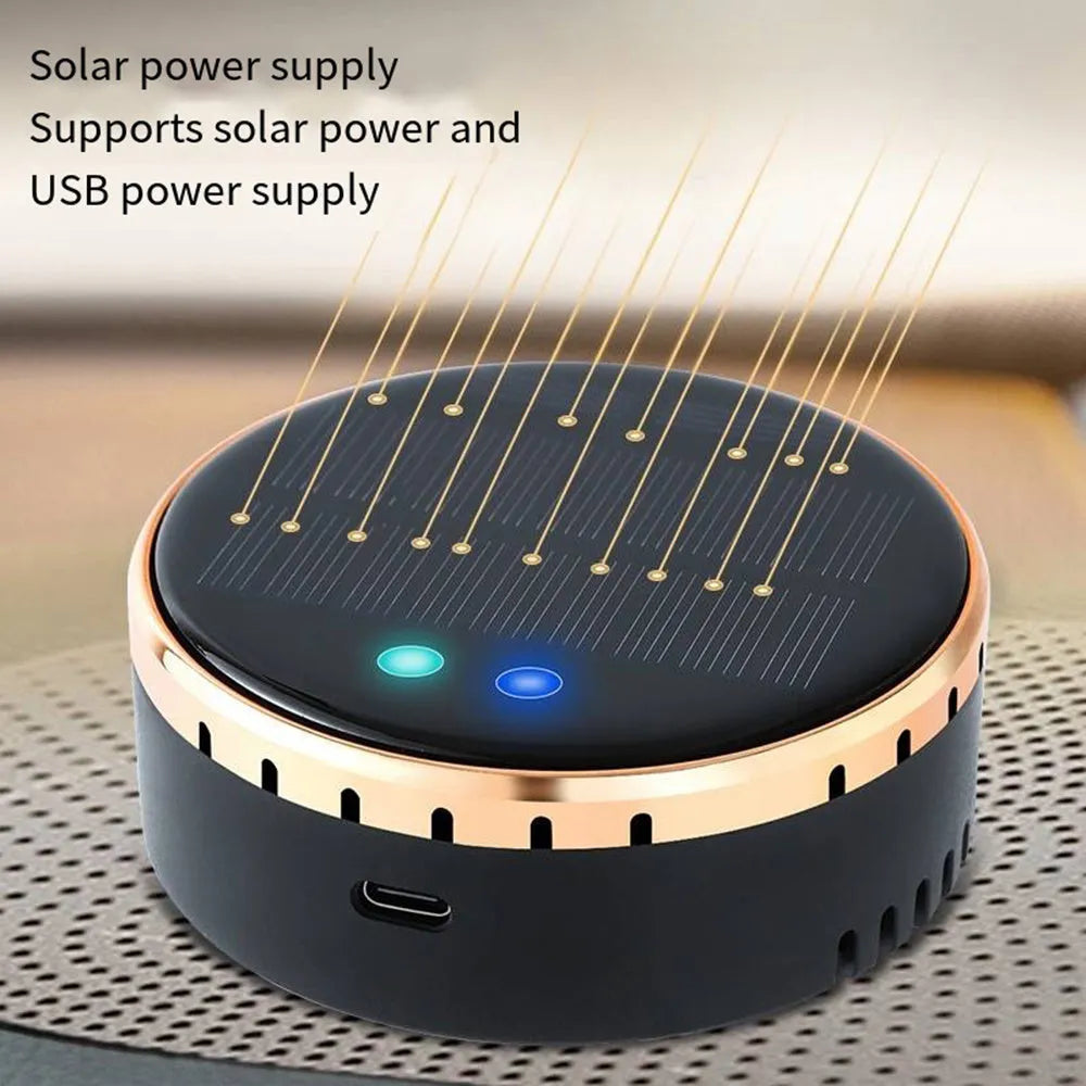 Black solar-powered car humidifier mounted in a vehicle air conditioning vent.
