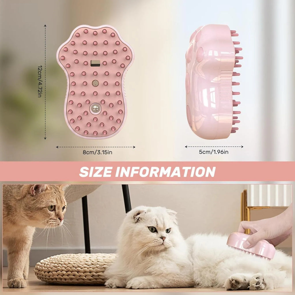 Blue self-cleaning cat steam brush with silicone bristles and a water spray nozzle.