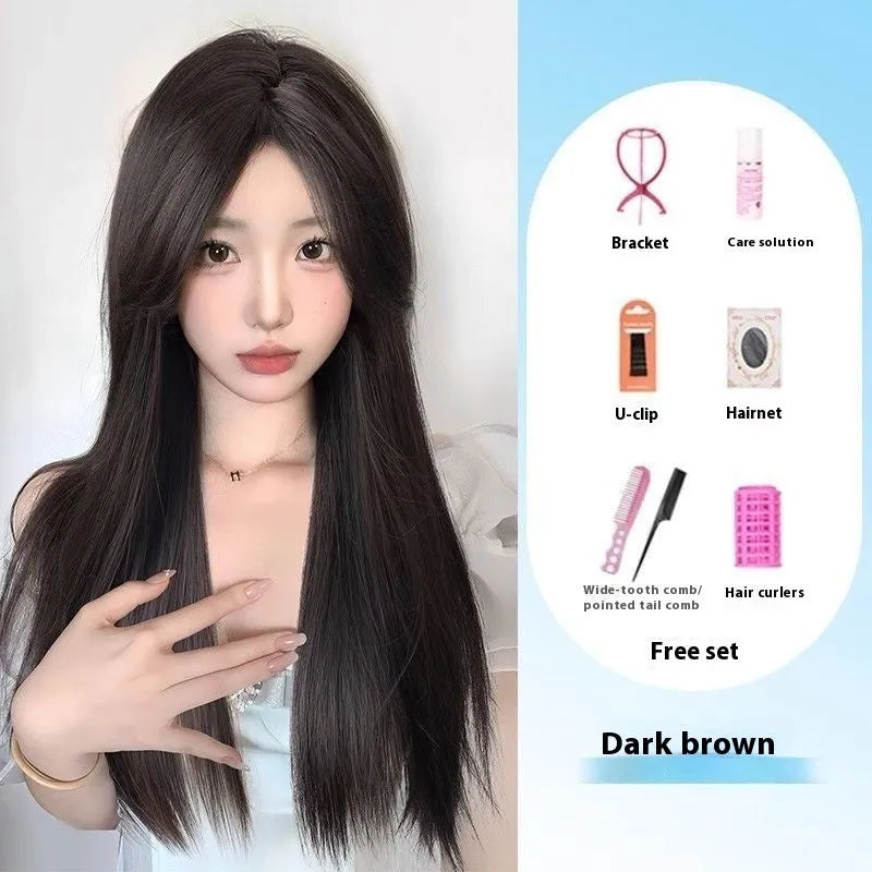 Forehead lace long straight wig with side bangs in high temperature fibre material