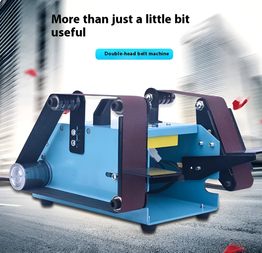Blue desktop dual-axis belt sander with two sanding belts, variable speed control, and a 750W motor.