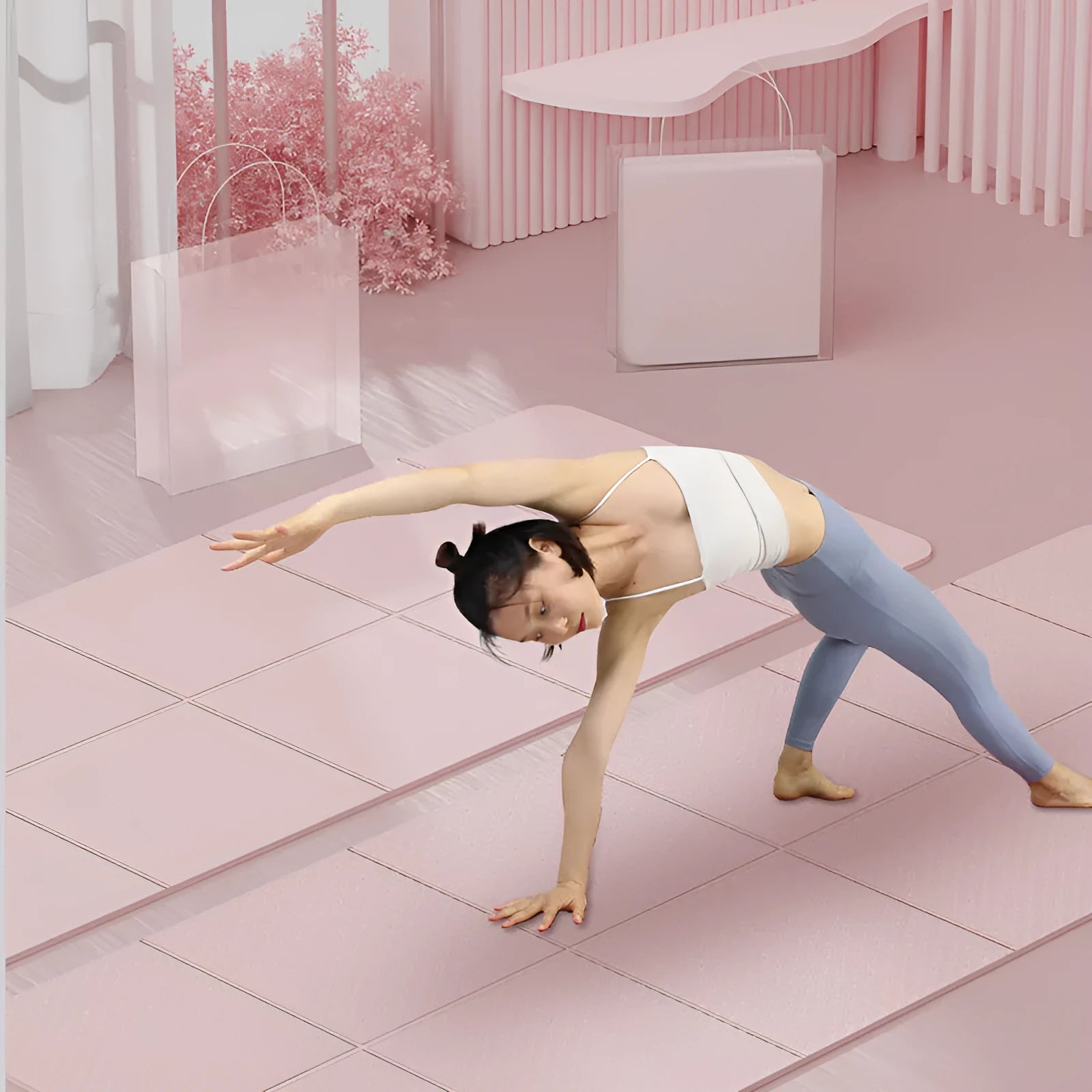 Blue folded and unfolded thickened TPE gymnastic mat on a wooden floor.