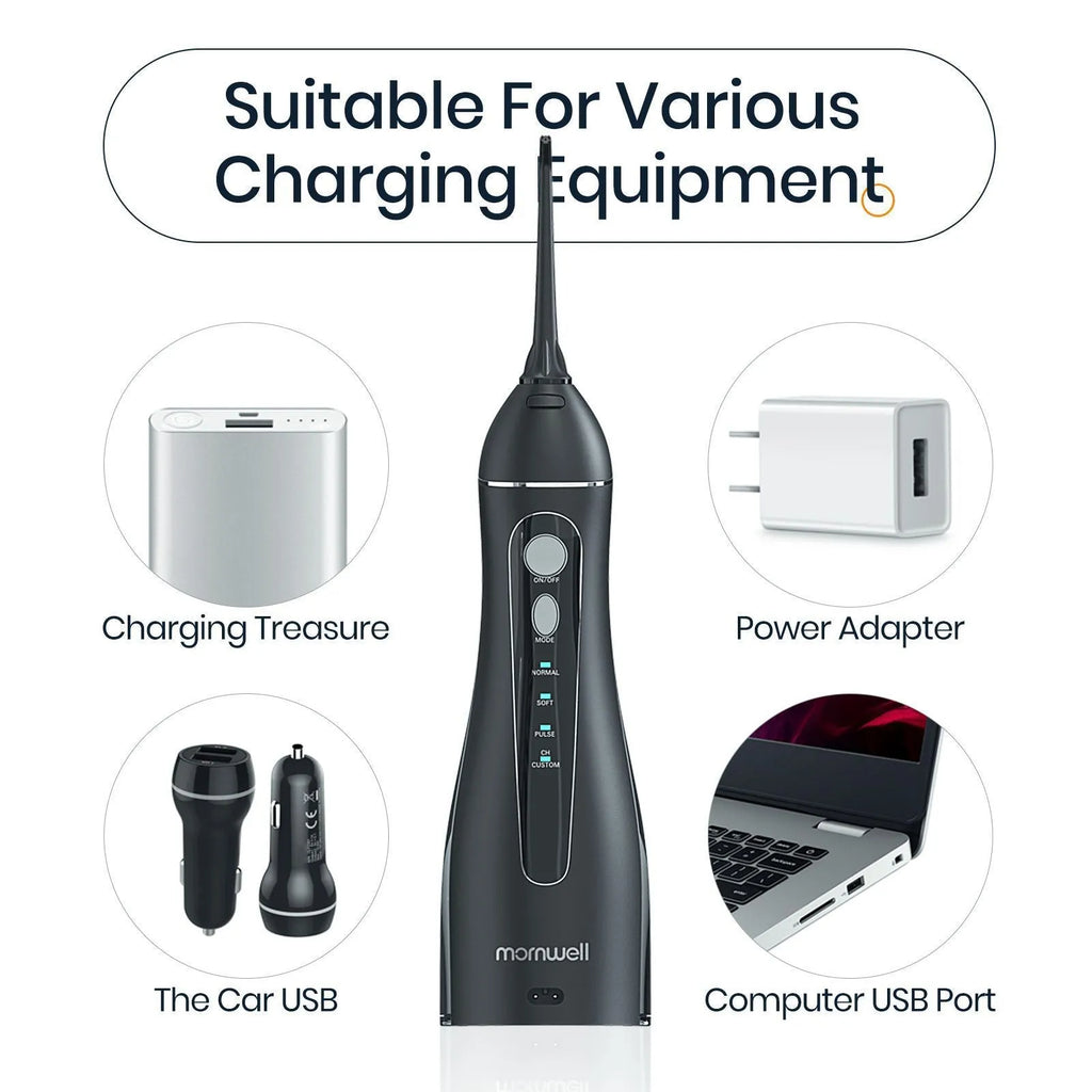 Black Prooral Mornwell portable oral irrigator with water tank and nozzle for dental cleaning.