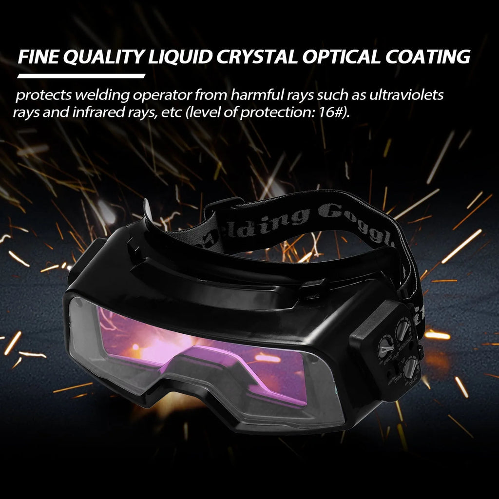 Black automatic darkening welding mask with a large rectangular viewing lens.