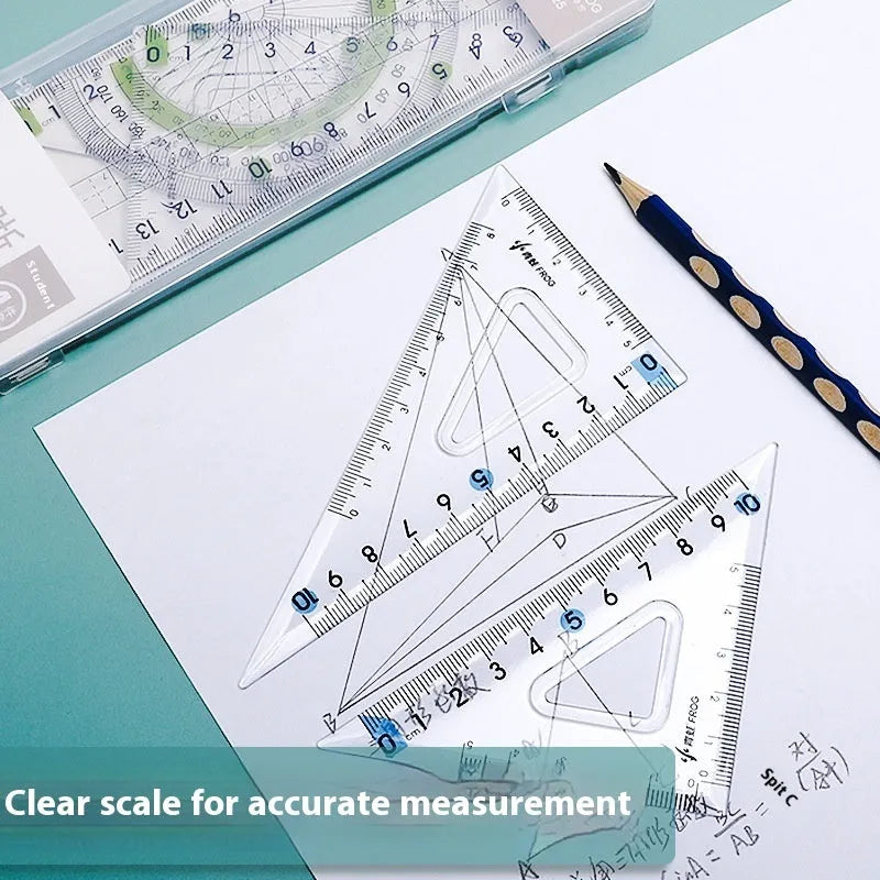 Youpai transparent acrylic drawing ruler set with square and protractor tools on a desk.