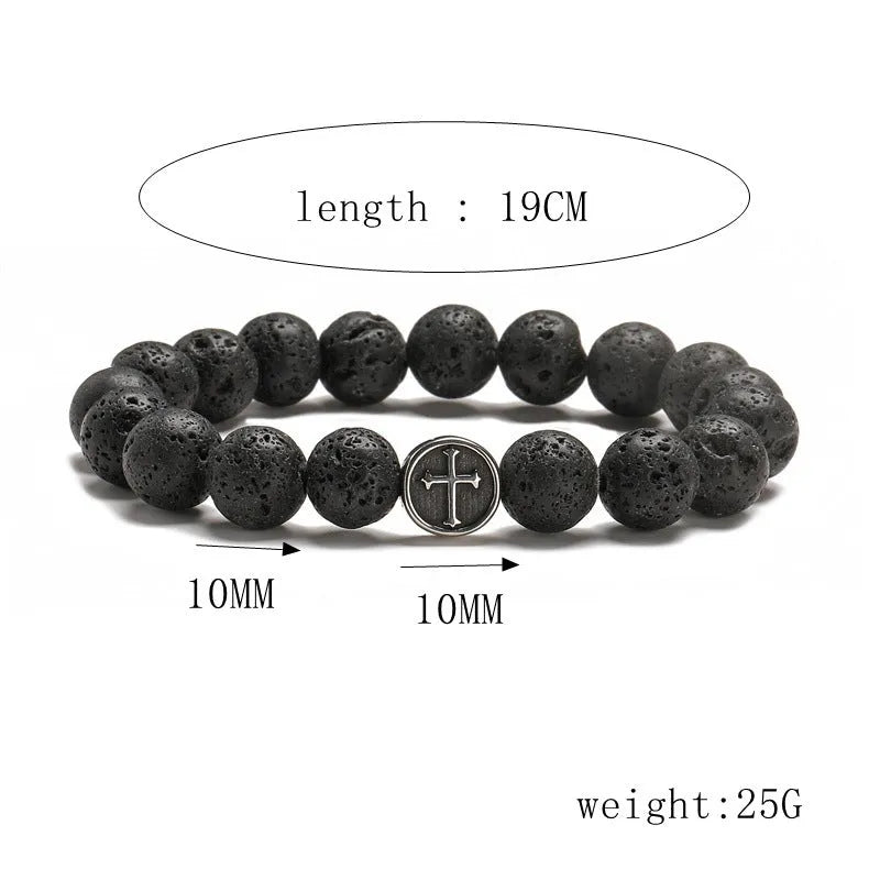 Geometric volcanic agate bracelet with stainless steel finish, showing 10mm beads.