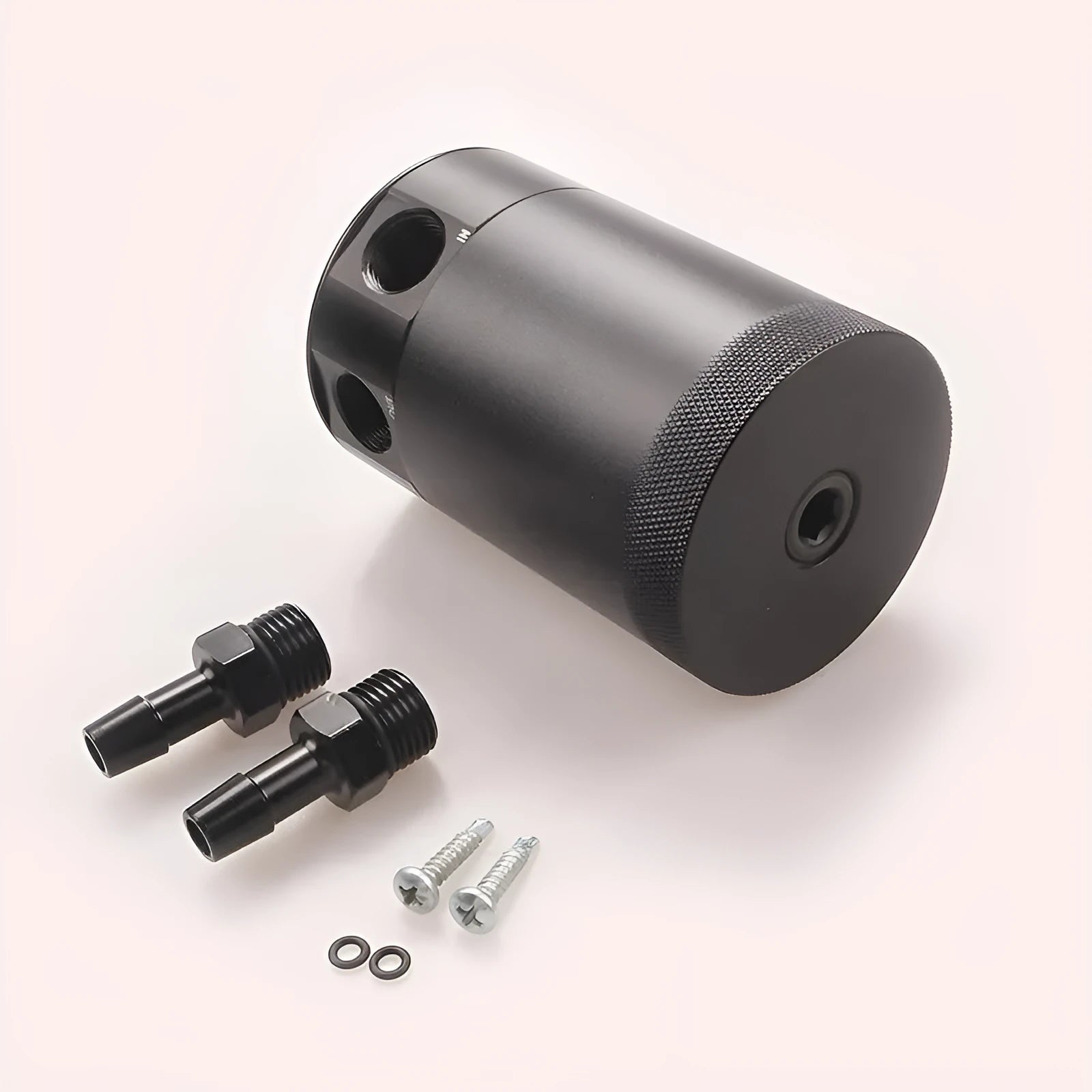 Black aluminium two-hole automotive oil pot with connectors and mounting hardware