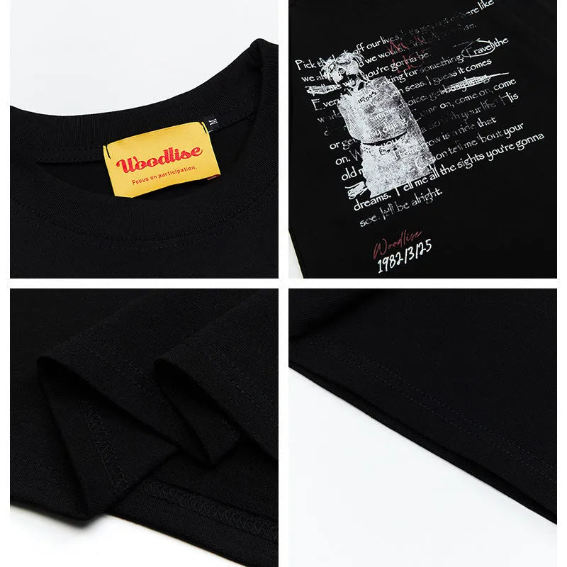 Men's black loose fit cotton T-shirt with white hip hop letter print and raglan sleeves