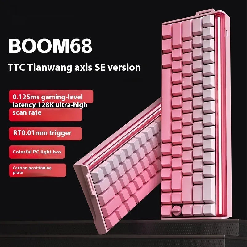 BOOM68 compact mechanical keyboard with RGB backlighting on a desk