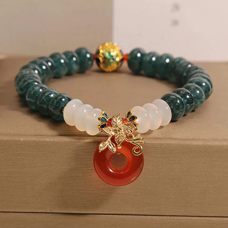 Blue water jade abacus bead bracelet with red agate peace buckle and crystal rhinestone elements