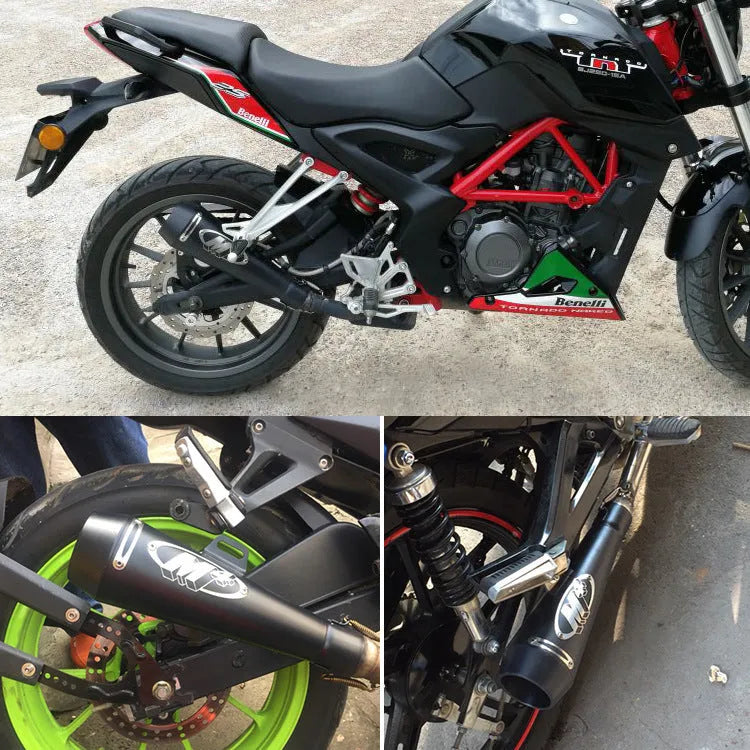 M4 universal motorcycle exhaust pipe in black finish, showing mounting hardware for large displacement bikes.