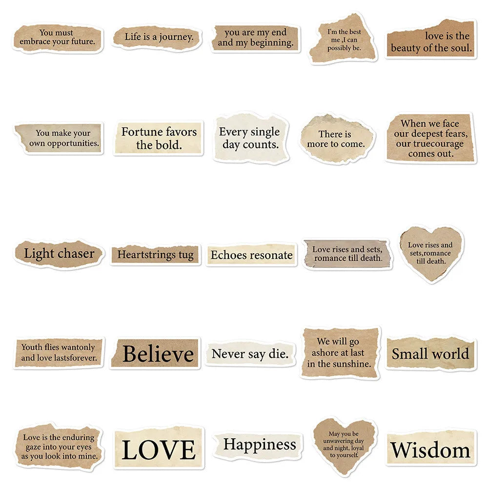 Set of 25 tear English text design TT284 decorative stickers for laptops on a white background.
