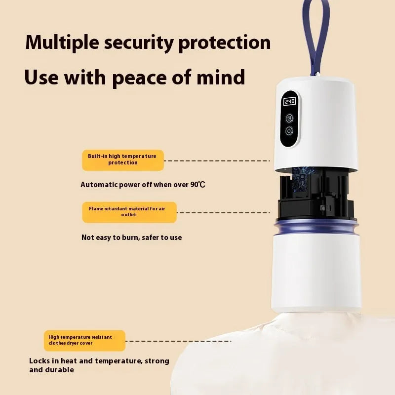 White cylindrical mini air dryer, 85x85x166mm, with drying bag and PTC heating, under 500W