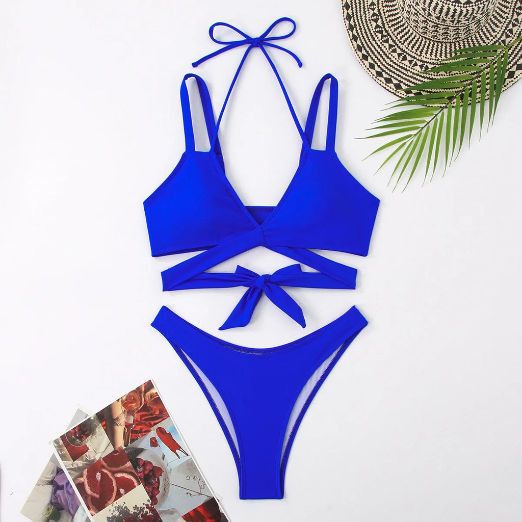A solid colour women's strap bikini swimsuit on a white background.