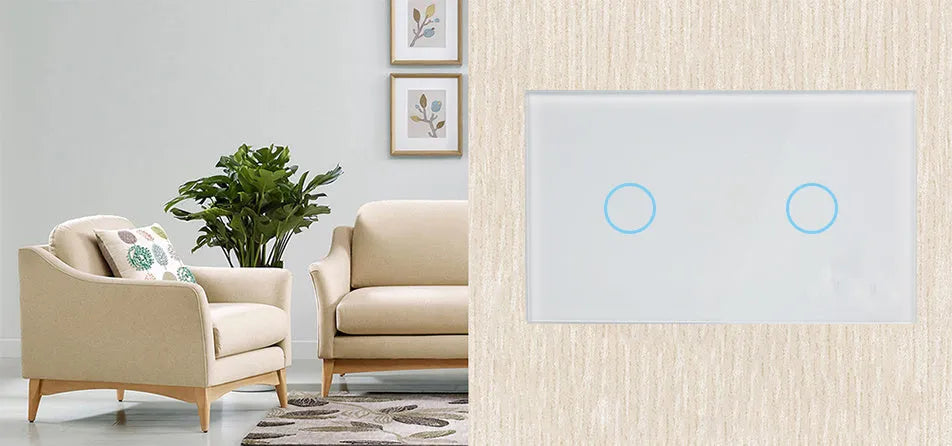 White tempered glass touch light switch with 2-gang control and red/blue LED indicators