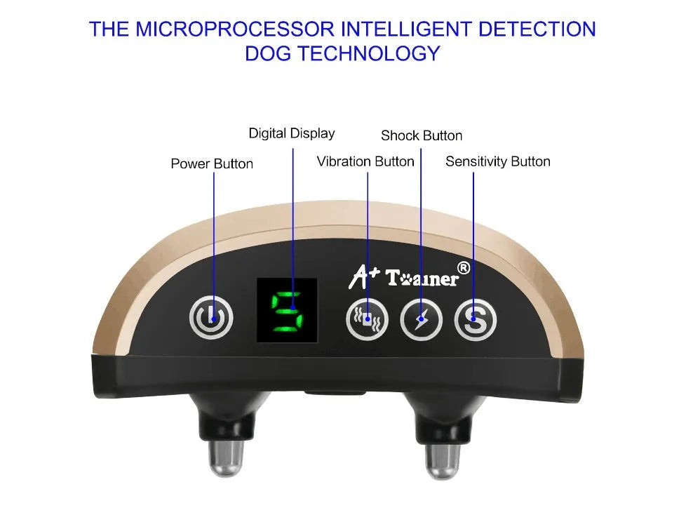 Black dog bark training collar with digital display, adjustable strap, and micro-USB charger.