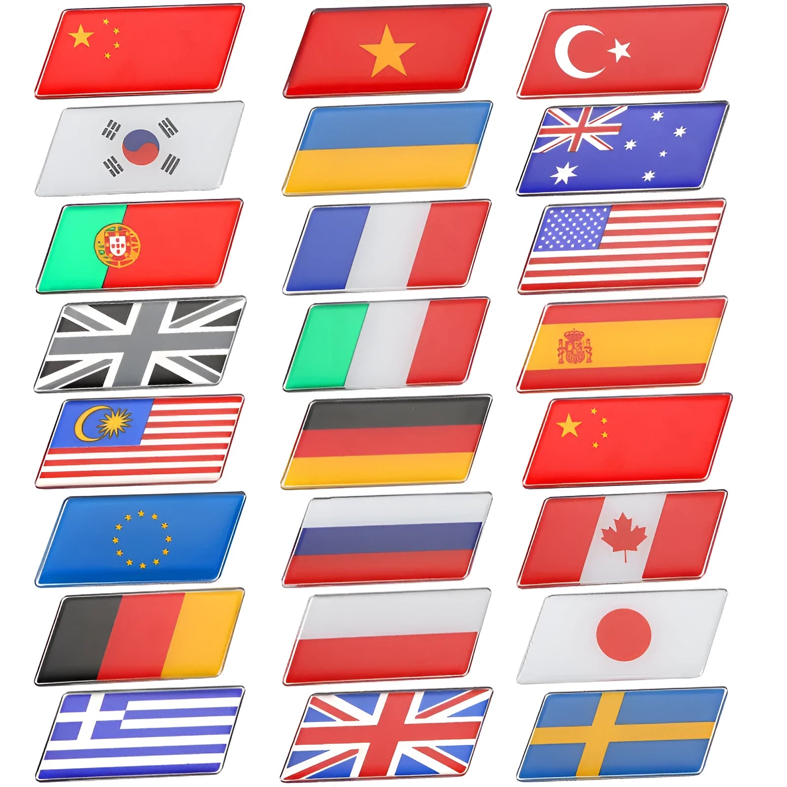 Aluminium national flag car sticker badge, parallelogram shape, 6.3 by 3 cm, for rear bumper.