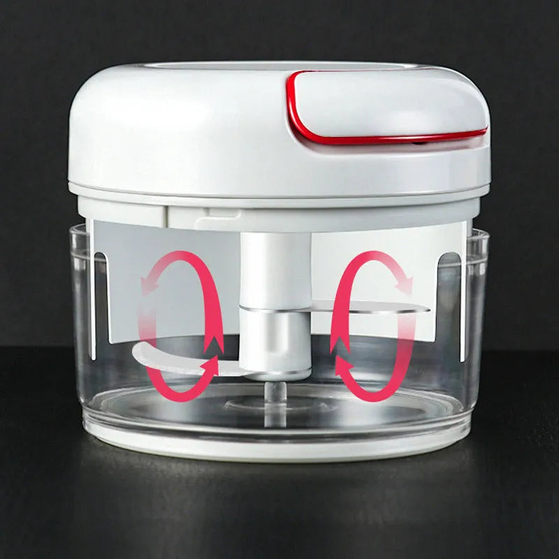 Compact manual food chopper with stainless steel blades for chopping vegetables, garlic, and ginger.