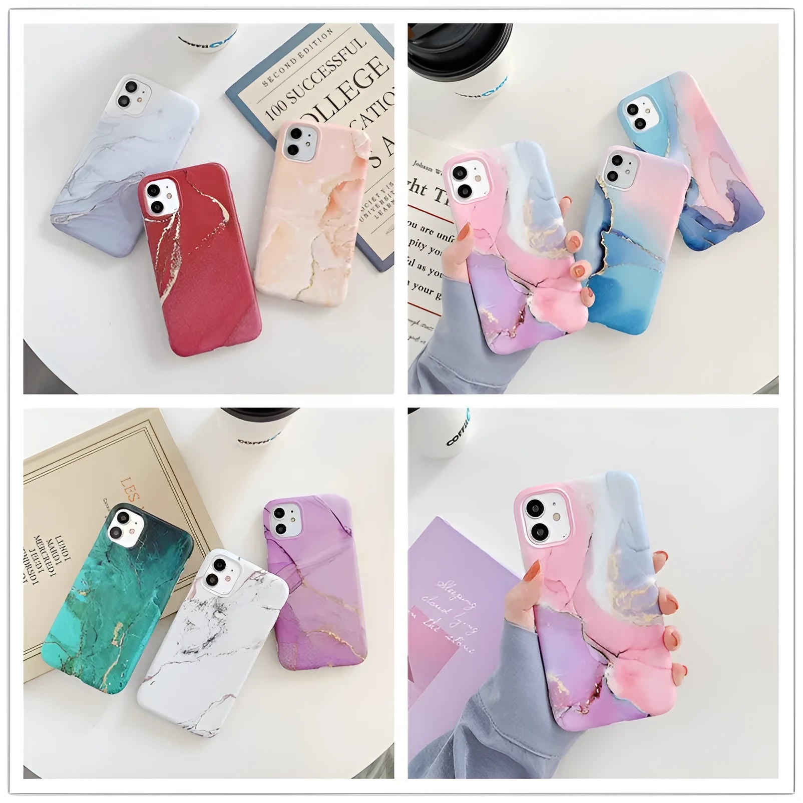 Cartoon marble pattern TPU back cover case for iPhone on a blue powder background.