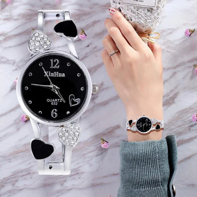 Women's quartz watch set with diamond accents black round dial stainless steel case alloy strap pin buckle