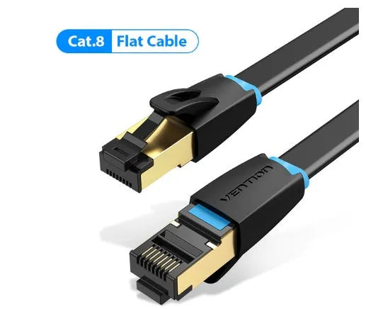 Shielded CAT8 Ethernet network patch cable with RJ45 connectors, shown in flat and round styles for 10G high-speed indoor use.