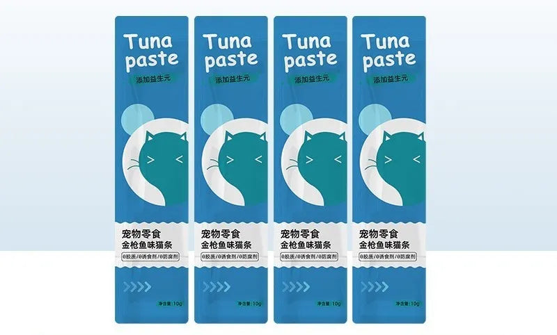 Pack of 10 cat snack strips in four flavour varieties