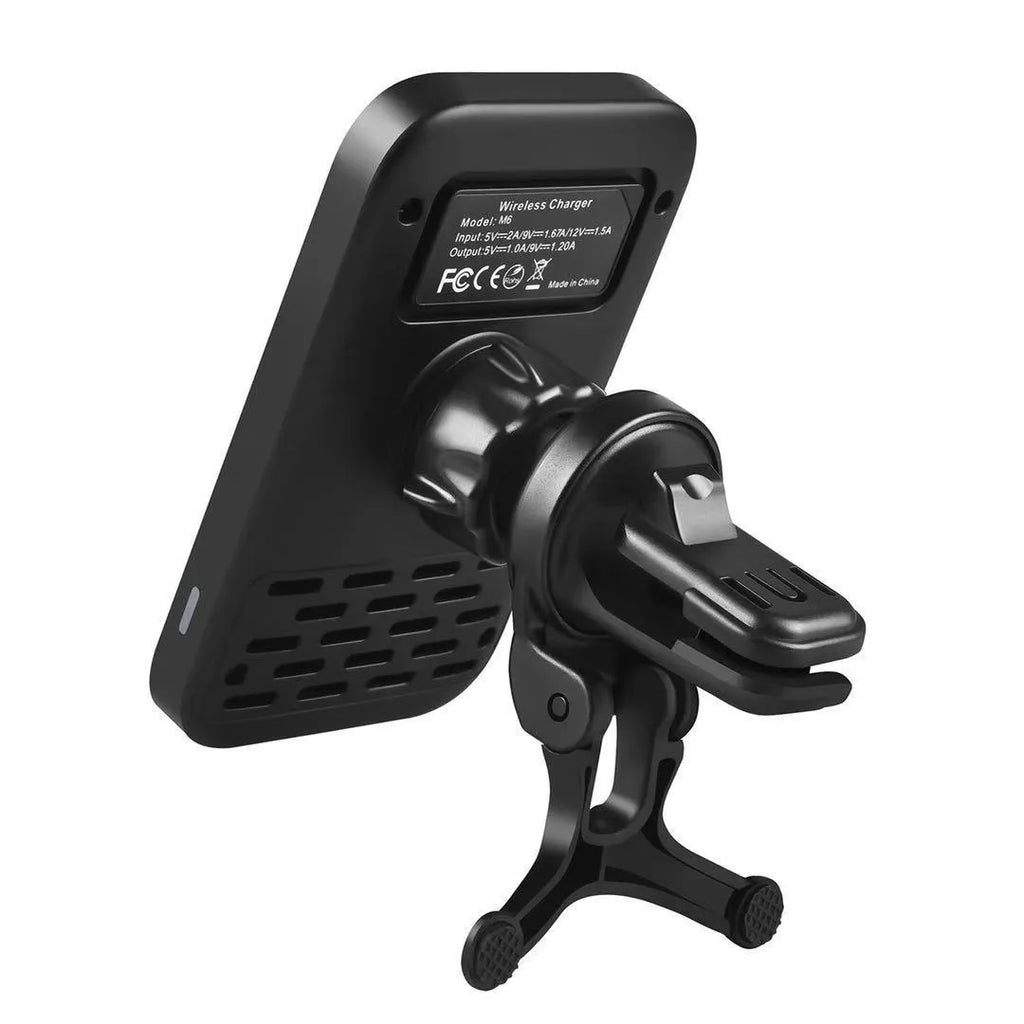 Black M6 magnetic wireless car charger bracket mounted on dashboard with phone attached
