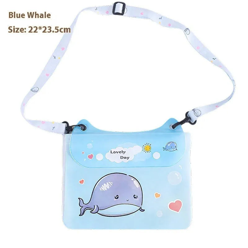PVC waterproof mobile waist bag with touch screen and adjustable strap, blue whale cartoon design