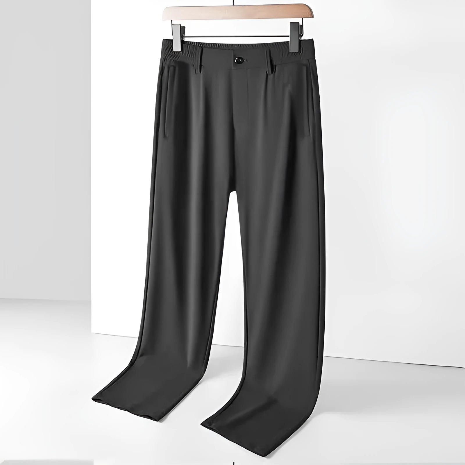 Men's straight-leg ice silk trousers in a loose fit with an elasticated waist, shown in black.
