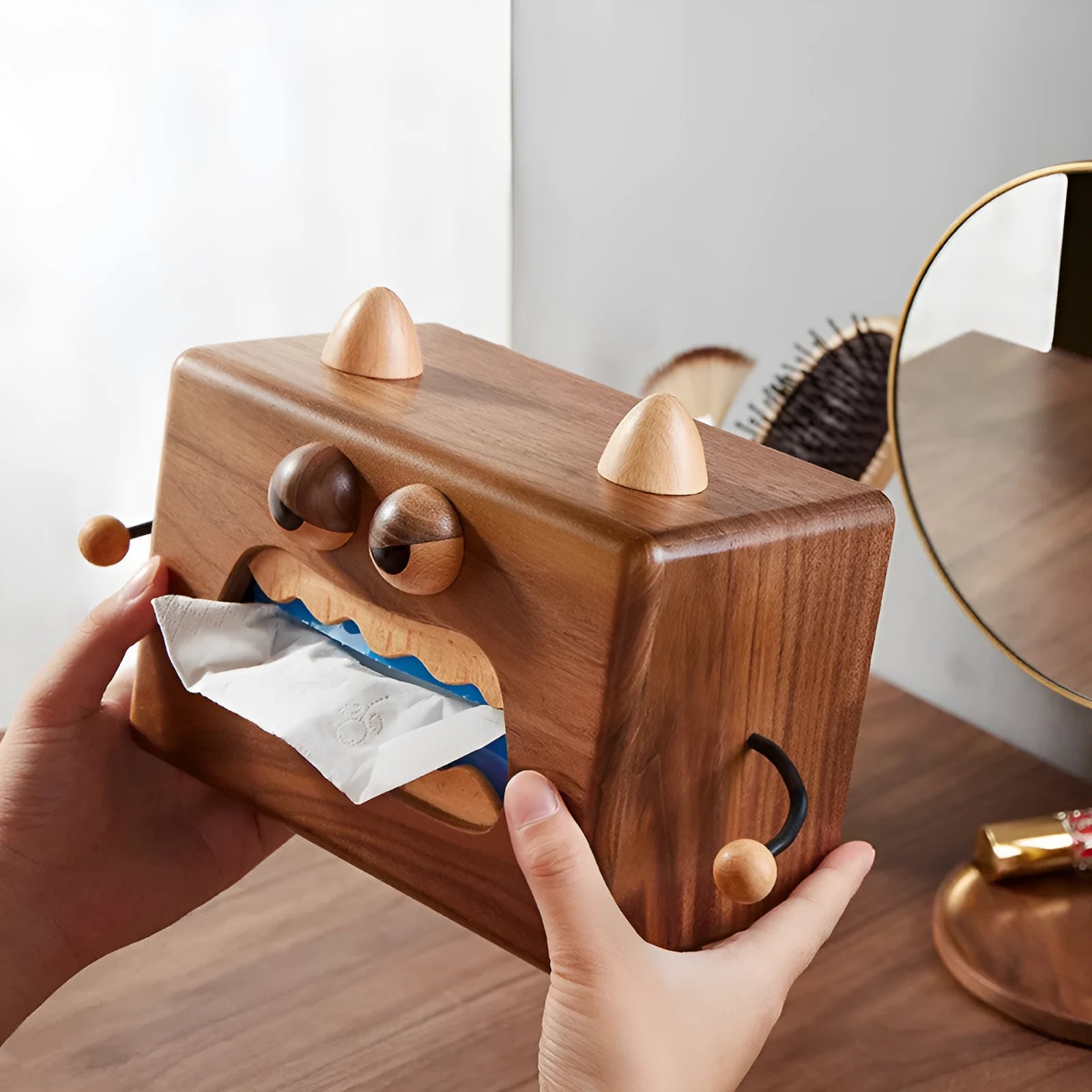 Little Monster cartoon wooden tissue box in walnut finish on beech wood measuring 190x104x125mm